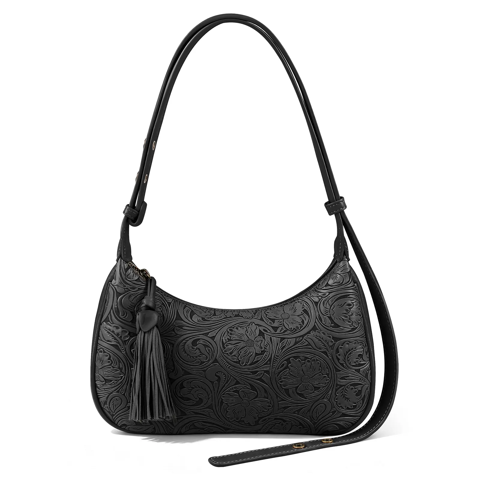 Hobo bag women Leather shoulder bag Boho bag Vintage tassel bag Crescent bag Western tooled leather bag y2k aesthetic bag Black hobo purse Crossbody bag small shoulder bag retro bag trendy embossed