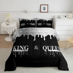 Silver Black Mr Mrs Bedding Set,Queen King Queen Size Comforter for Couple Man Woman,His and Hers Comforter Set,Romantic Duvet Set with 2 Pillow Case
