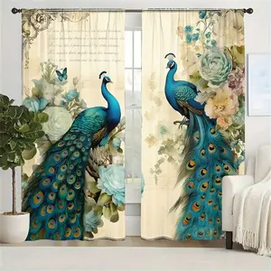 Luxurious Vintage Peacock Print Curtains Set of 2, Semi-Opaque Decorative Window Curtains, Home Decoration Curtain, Enhance Privacy, Eco-Friendly Home Textile, for Living Room Bedroom Kitchen Bathroom