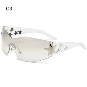 Rimless Y2K Sunglasses for Women and Men Star Wrap around Sun Glasses Trendy Cool Black Sunglasses Fashion Shades for Outdoor NONE