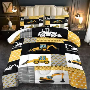 3-Piece Construction Theme Bedding Set, Truck Comforter & Pillowcases, Bedroom Decor Gift for Birthday Christmas Valentine's Day