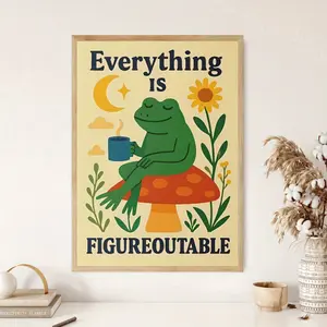 1pc, 2D Flat, less Everything Is Figureoutable Posters, Frog Coffee Canvas Painting, Creative Wall Art, Birthday Present, Living Room, Bedroom, Kitchen, Bathroom, Corridor Decoration,