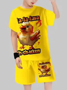 Pixel Style Lava Chicken Print Kids Short Sleeve Set, Summer Boys Fun Two-Piece, Breathable Casual Clothing