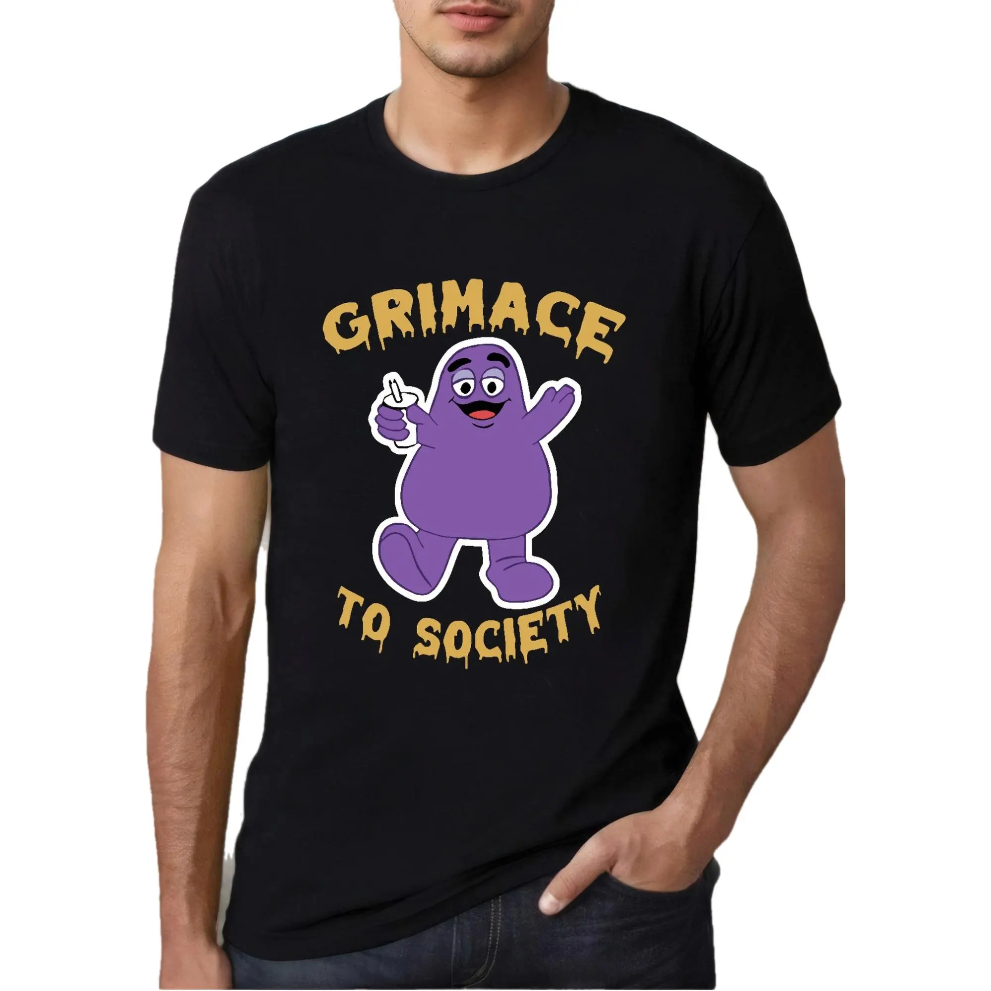 Grimace "Grimace to Society" Graphic Tee for Men - Purple Cartoon Character Cotton T-Shirt, Breathable Casual Short Sleeve for All Seasons |   Retro McD's Inspired Shirt