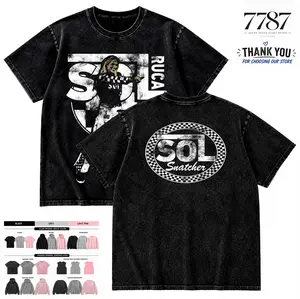 7787 Clothing Menswear Sol Ruca Sol Snatcher Wrestling Graphic Washed T-Shirt Vintage Racing Streetwear Casual Apparel