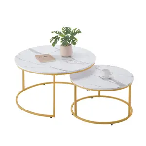 Nesting Coffee Table Set Of 2, 31.5-In Round Tables With Metal Frame, Space-Saving Nesting Tables For Small Rooms, Vintage End Tables And Night Stand, White And Gold Finish, Suitable For Living Room, Bedroom, Office
