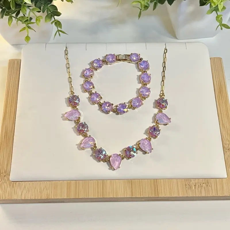 Elegant Jewelry Set for Women, 3-Piece Coordinated Lavender Crystal Necklace, Earrings & Bracelet, Ideal for Gifting, Costume Jewelry Set, Matching Jewelry Set