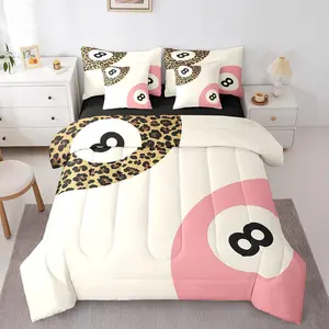 7 Pcs Billiards Comforter Set,Brown Leopard Cheetah Fur Print Bedding Set,Modern Sport Game Billiard Balls Bed Set,(Comforter+Fitted+Flat Sheet+Pillowcases+Pillow Covers)