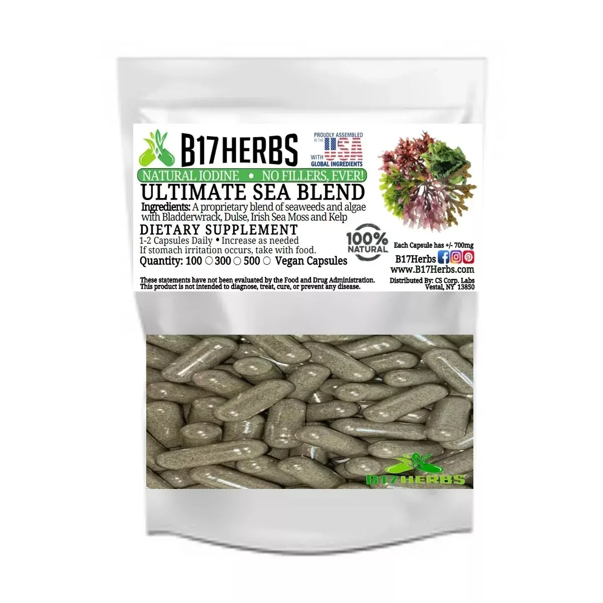Ultimate Sea Blend- Irish Moss, Bladderwrack, Kelp, Dulse - Sebi Inspired - 100 Veggie Capsules