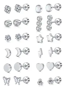 Stainless Steel Earrings Set, Fashionable Earrings, Threaded Flat Bottom Ear Bone Studs, Fashion Men's and Women's Ear Jewelry, Available as Gifts, Casual Trendy Jewelry