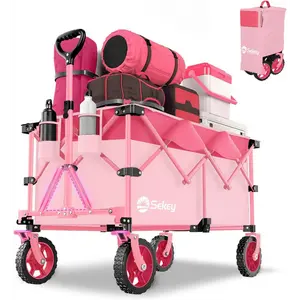 Sekey 220L Collapsible Foldable Wagon with 330lbs Weight Capacity, Heavy Duty Folding Wagon Cart with Big All-Terrain Wheels & Drink Holders (Grey)