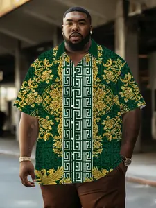 Men's Gold Pattern Shirt, Vintage Floral Large Size, Summer Breathable Comfort, Casual Loose-Fitting Clothing