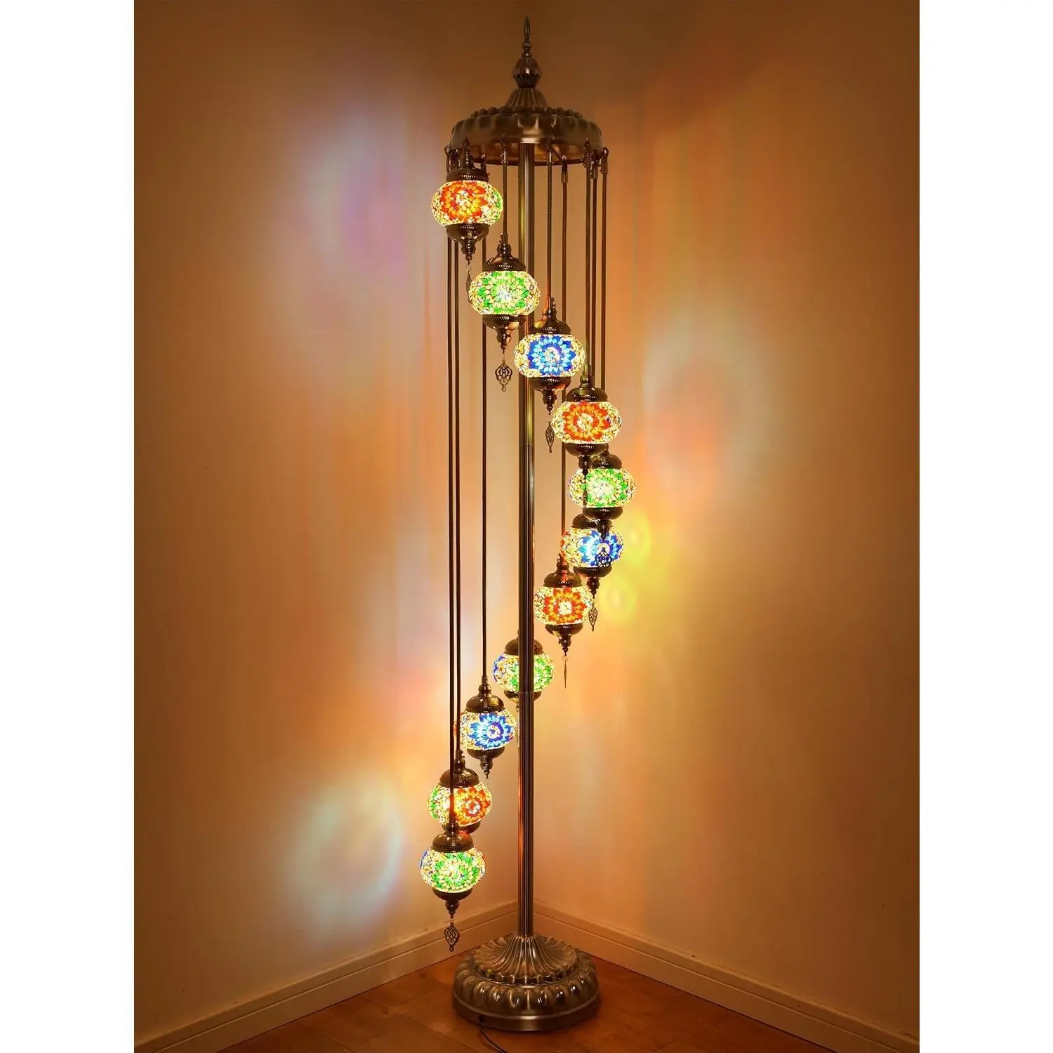 Turkish Mosaic Floor Lamp - 11-Light Bohemian Standing Design, Handmade Tiffany-Style Stained Glass, 80.26-Inch Vintage Metal Build with ft Switch, E12 Base for Living Room Home Decor