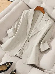 Waist Drawstring Linen Blazer With 3/4 Length Sleeves For Office Lady