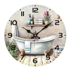 25cm Farmhouse Clawfoot Bathtub Wooden Wall Clock - Silent Non-Ticking, No Battery Included, Rustic Bathroom Art Design with Towels & Plants, Easy to Read Numerals, Decorative Wall Clock for Bathroom Laundry Room, Vintage Farmhouse Home Decor, Perfect Hou