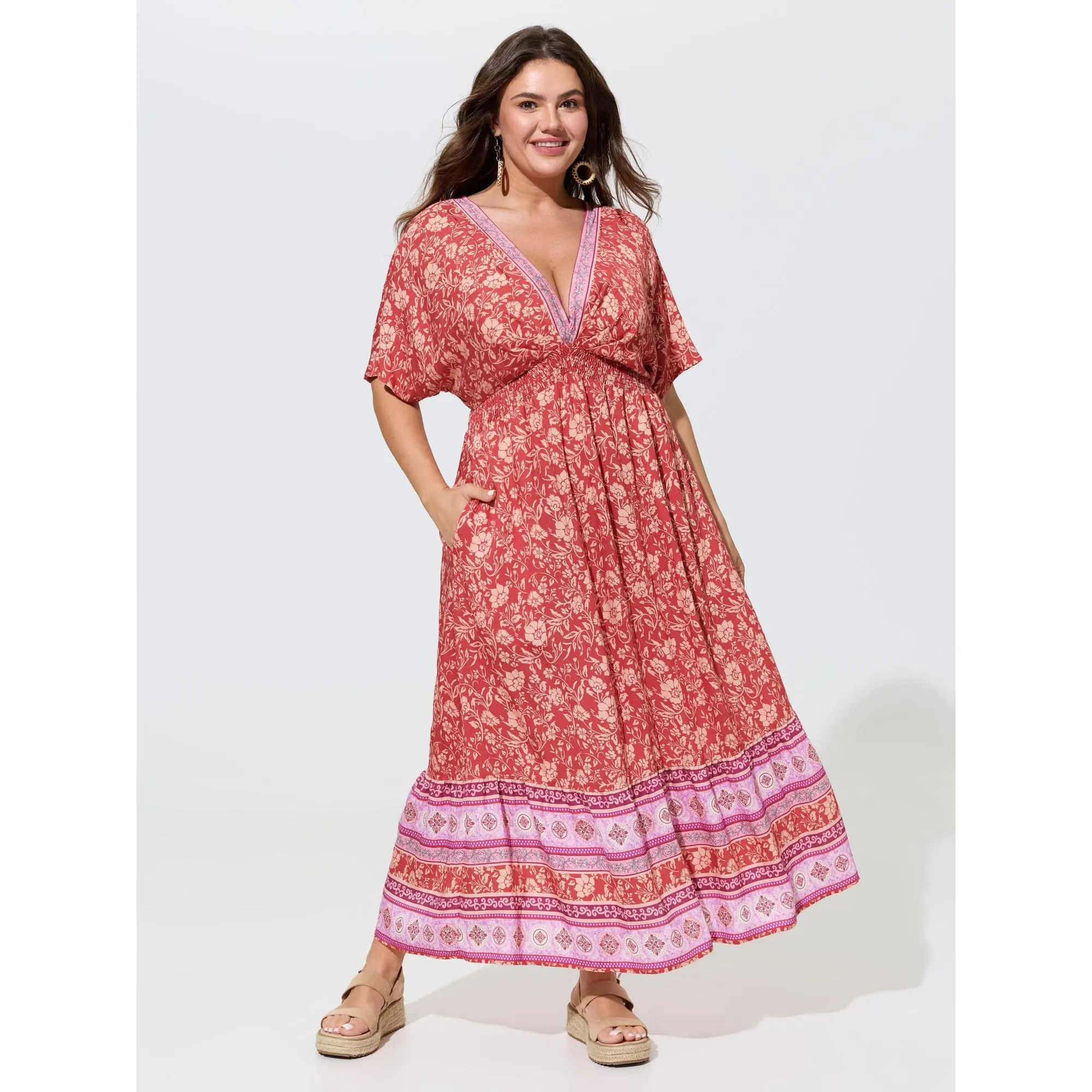BloomChic Plus Size Bohemian Floral Patchwork Maxi Dress, Casual Summer Rayon Blend Garment with V-Neck and Smocked Waist, Nylon, Shortsleeve, Fabric, Fit, Pocket, Curvy Dresses Plus Size, Floral Print, Smooth, Machine Wash, Maxi Length, Curvy Cut