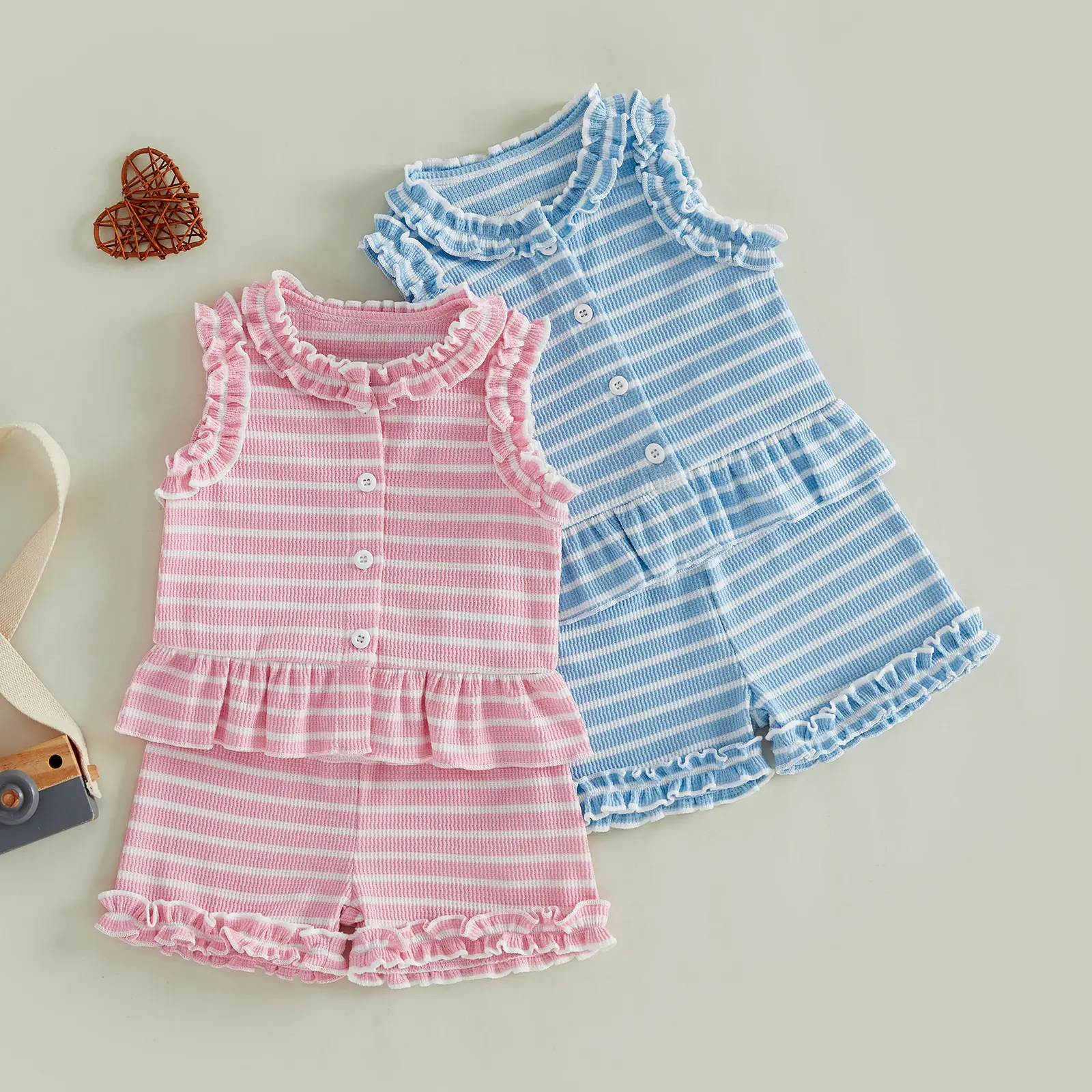 Imcute Toddler Infant Baby Girl Summer Outfits Set Sleeveless Stripes Print Ruffle Tops + Shorts Set Kids Girls 2pcs Clothes 6M-4Y