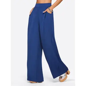 Winnie Wide Leg Pants in Medieval Blue - Polyester, Comfortable Loose Fit, Basic Style for Women