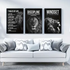 3-piece Set Wooden Frame Lion Canvas Wall Art 7 Rules of Life Framed Poster Modern Home Decoration for Bedroom Living Room Dining Room Ideal Holiday Gift Hanging Print Ornaments Artistic Photo Unique Artwork America Easy to Hang