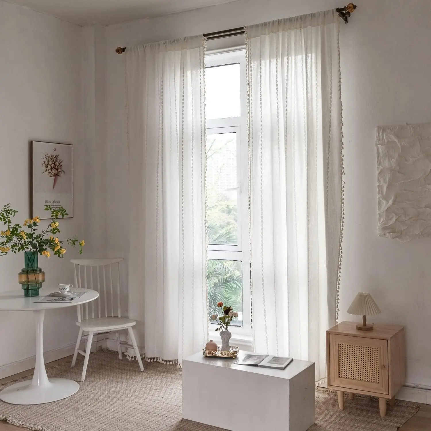 Boho Linen Tassel Embroidery Semi-Blackout Curtains, 2 Panels (52" W x 84" L) Off White Rod Pocket Draperies for Living Room, Bedroom