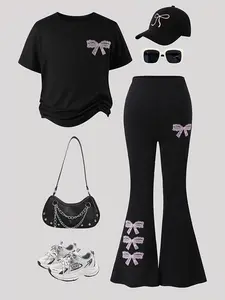Girls' Fashion Two-Piece Set, Solid Color Round Neck Bow Print Short Sleeve Top + Elastic Waist Flare Pants, Spring Summer Casual