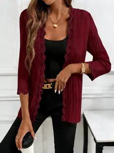 Fashion Plus Size Plain Pleated Lace-Trim Cardigan, 3/4 Sleeve Loose Casual Outerwear Y2K Clothes Spring Fall Layering Outfits Trendy Daily Style