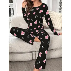 Women's Love Heart Print Pajama Set - Casual Crew Neck Long Sleeve Top and Pants Loungewear Cozy Polyester Knit Fabric with Elastane Stretch All Season Comfort Adult Sleepwear For Women Perfect for Relaxing at Home Ideal Gift Womenswear Collar  Pjs