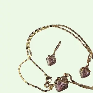 Heart Style Fashion Plated Gold Box Necklace 18-inch Pink Gem Earring and Pendant Set for Women's Elegant Daily Wear Jewelry not water resistant