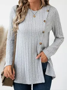 Women's Plain Ribbed Button Slit Long Sleeve Top, Casual Curved Hem Turtle Neck Sweater for Fall & Winter, Women's Knitwear for Daily Wear