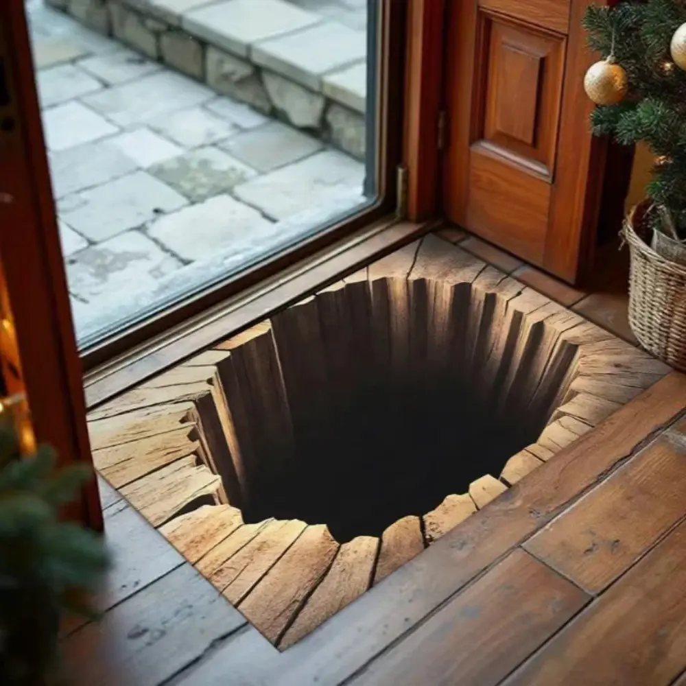 3D Hole Illusion Doormat, 3D Optical Illusion Rug for Front Door, Non-Slip Flannel Bottomless Pit Floor Mat, Funny Prank Home Decor, Washable Indoor Entrance Mat Decorative Rug Absorbent Rug