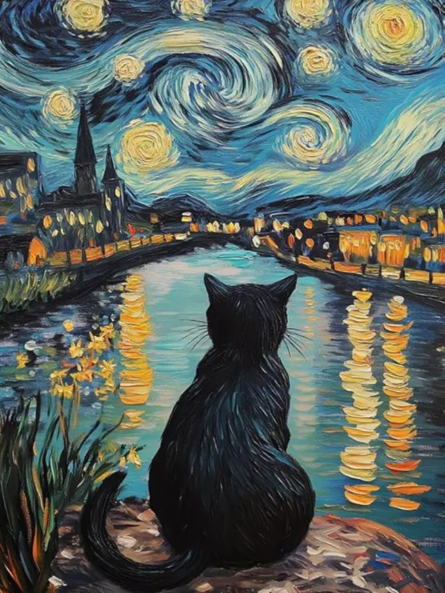 AIBOERL 5D DIY Full Drill Waterproof Plastic Diamond Art Kit - Van Gogh Starry Night Black Cat, Round Gems, Adult Craft, 1-Diamond Pen, 10 Self-Sealing Bags, Christmas Gift, Home Wall Decor (Toys & Hobbies, DIY Needlework)