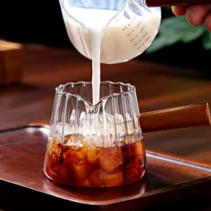 6oz/180ml Espresso Shot Glass with Wood Handle - Single Spout Milk Frother Measuring Cup, Clear Scale Heat Resistant Glass for Coffee, Tea, Syrup, Espresso Accessories Cafe Kitchen