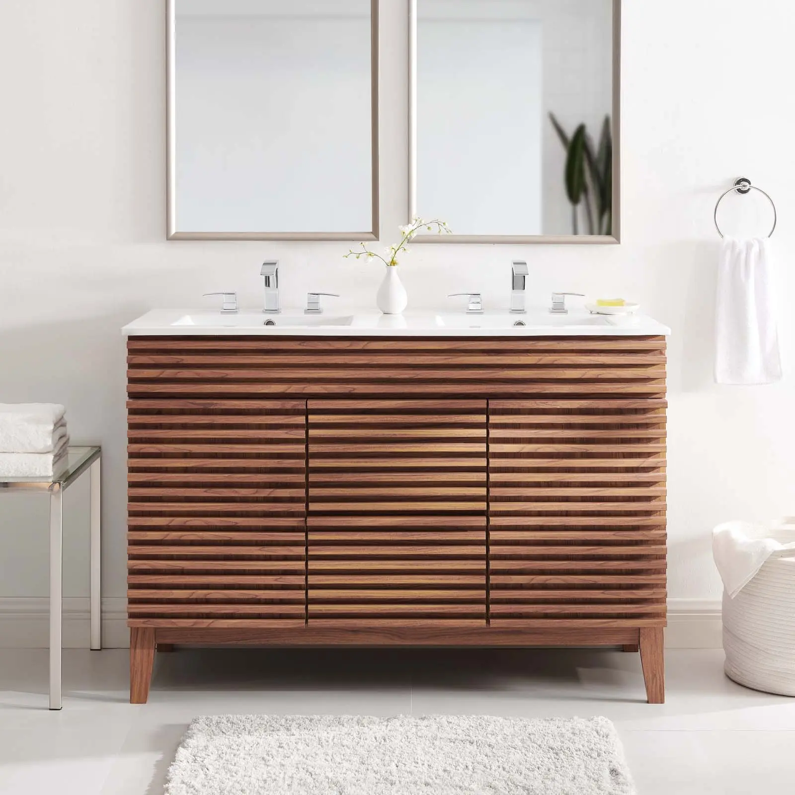 Modway Render 48" Double Sink Bathroom Vanity with Drawer Cabinet, Walnut White Finish