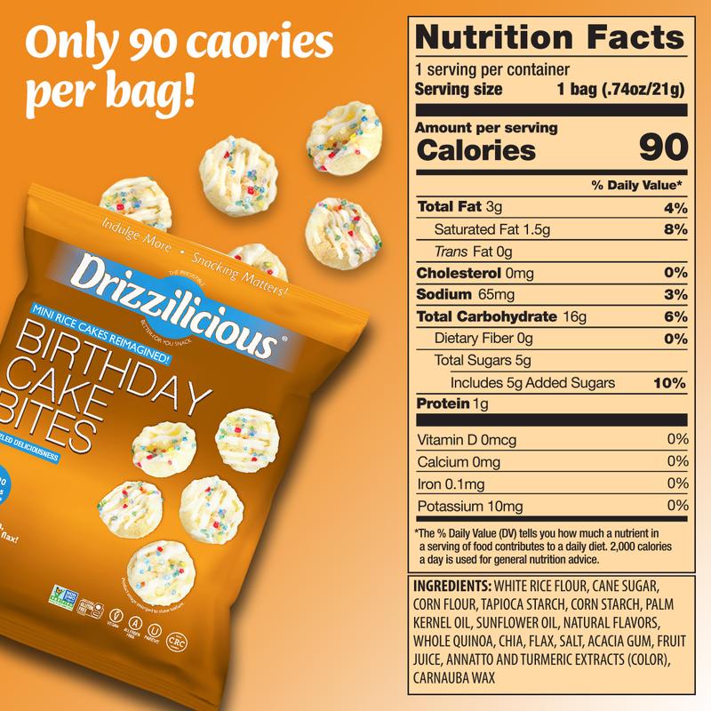 Drizzilicious Birthday Cake Mini Rice Cakes - Gluten-Free, Vegan, Crunchy & Healthy Snack, 90 Calories per Bag, 0.74 oz (Pack of 10)