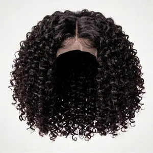 Lace Part Realism 14 Inch Curly Bob Wig with Natural Hairline Middle Part Kinky Curly Synthetic Wig for Black Women Heat Resistant Glueless Daily Wear Soft Bouncy Afro Curls