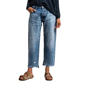 Loose Straight Cropped Denim Pants Ripped Raw Hemfor Women