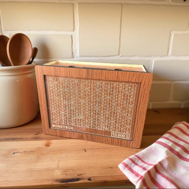 Wooden Money storage jar Money Bank, Countdown Money Saving Box with 10000 Dollars Target, Money storage jar with Money Target and Numbers to Check for Boys Girls (10000 USD)