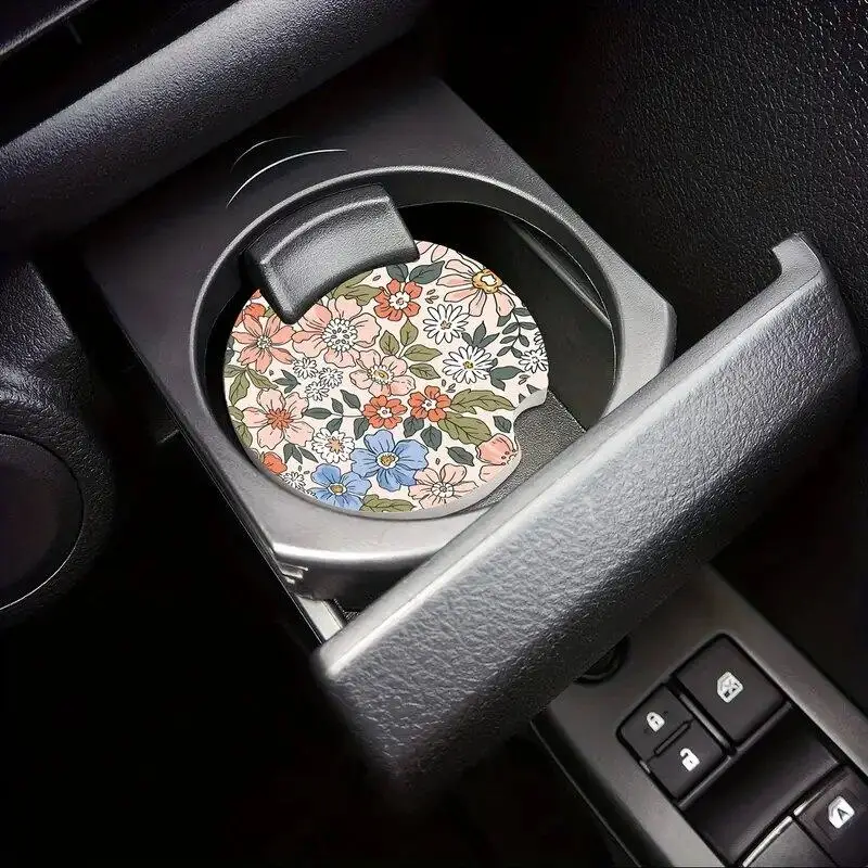 Floral Pattern Car Coaster, Waterproof Car Round Cup Mat, Universal Car Cup Pad, Car Interior Decoration Accessories