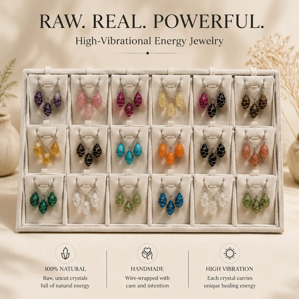 Natural Raw Crystal Necklace & Earrings Set, Handmade Wire Wrapped Stone Jewelry, Boho Energy Crystal Jewelry Gift for Women