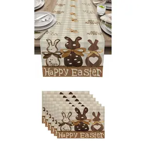 7pcs,Happy Easter Table Runner Set, Bunny Carrot Pillowcases and Placemats, Spring Summer Party Decor, Seasonal Holiday Indoor Home Kitchen Decoration