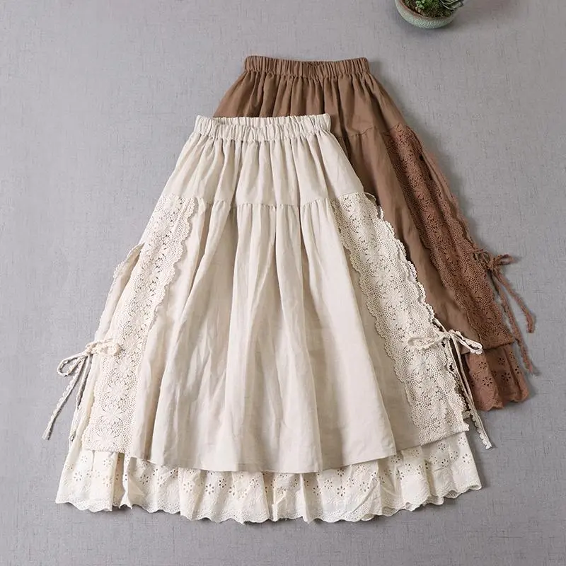 Women's Japanese Mori Girl A-Line Skirt, Spring Linen Lace Patchwork Midi Skirt, Literary Embroidery Double Layer Inner Lining Casual Flowy Skirt Elegant Soft