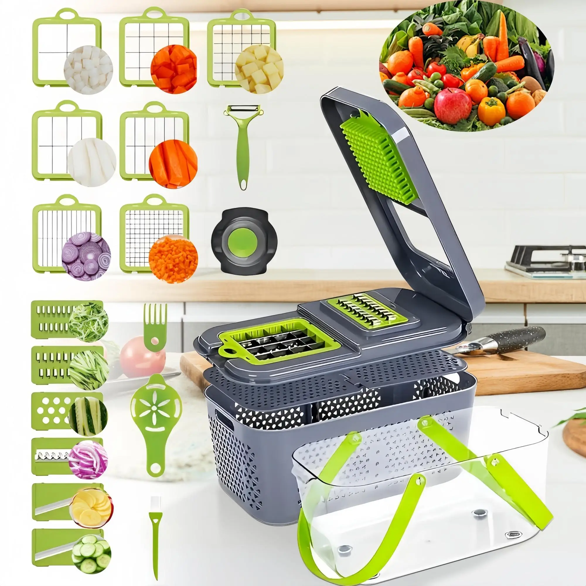 Multifunctional Vegetable Chopper with Container, 1 Set Professional Veggie Chopper, Vegetable Slicer, Potato Onion Dicer, Kitchen Gadgets