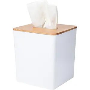 Tissue Box Cover Square,Tissue Box Holder with Bamboo Lid,Tissue Dryer Sheet Holder for Modern Farmhouse Boho Decor,1 Pack,(White)