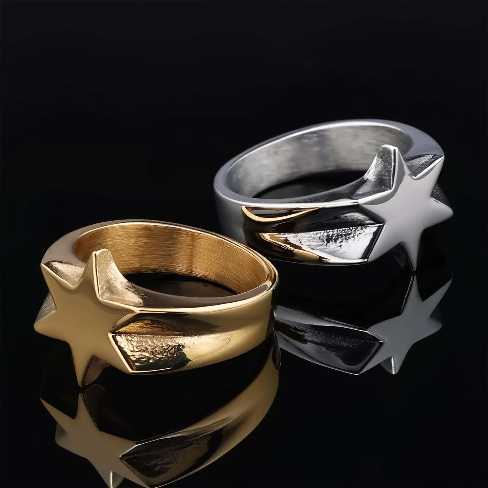 Unisex 6-Pointed Star Stainless Steel Statement Ring - Geometric Design Ring, Glossy Finish, Non-Fading, Multi-Size Artificial Gemstone Jewelry for Casual Wear, Anniversary Gifts, Tarnish-Proof