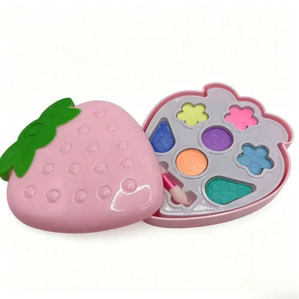 Strawberry Shaped Kids Pretend Makeup Kit, Washable Non-Toxic Girls Cosmetic Play Set with Eyeshadow & Makeup Brush, Princess Role Play Pretend Play Toy, Portable Mini Makeup Palette Gift for Little Girls Age 3+