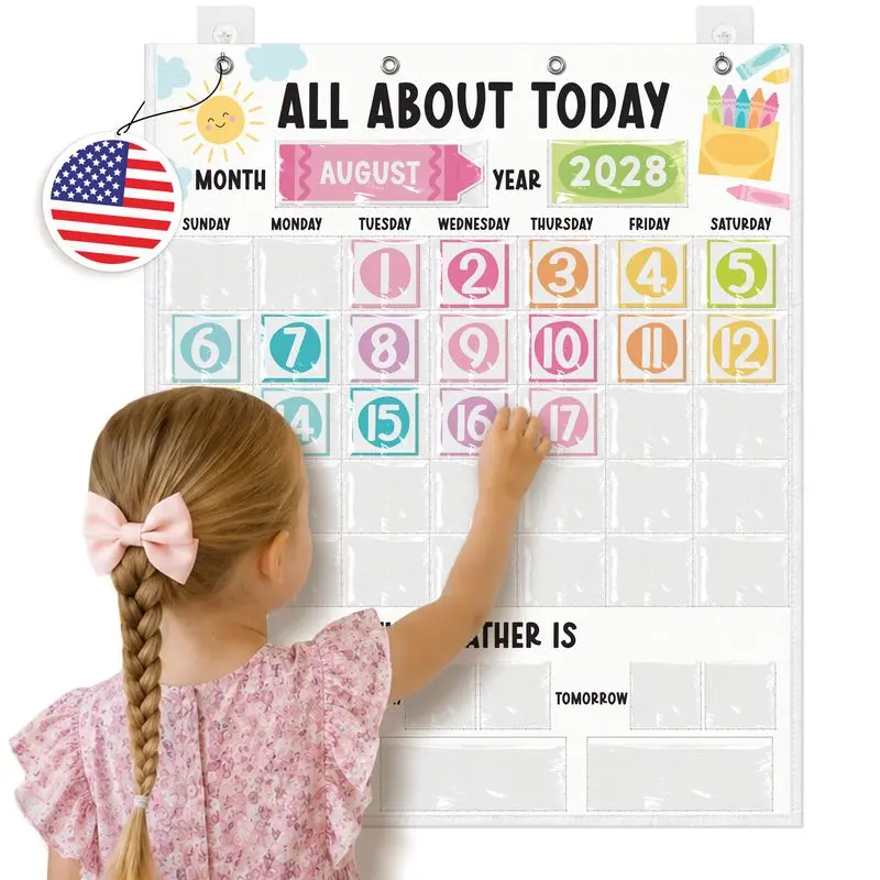 Hadley Designs Classroom Calendar Pocket Chart for Preschool Kindergarten - 24x29 Inch Wall Calendar with 100 Cards, Multiple Designs