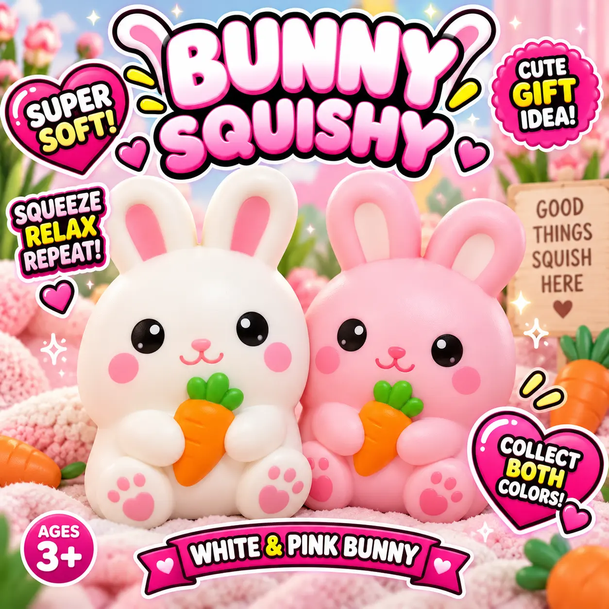 Bunny Squishy - Super Soft White & Pink Bunny Collect Both Colors Ages 3+ Cute Gift Idea Squeeze Relax Repeat