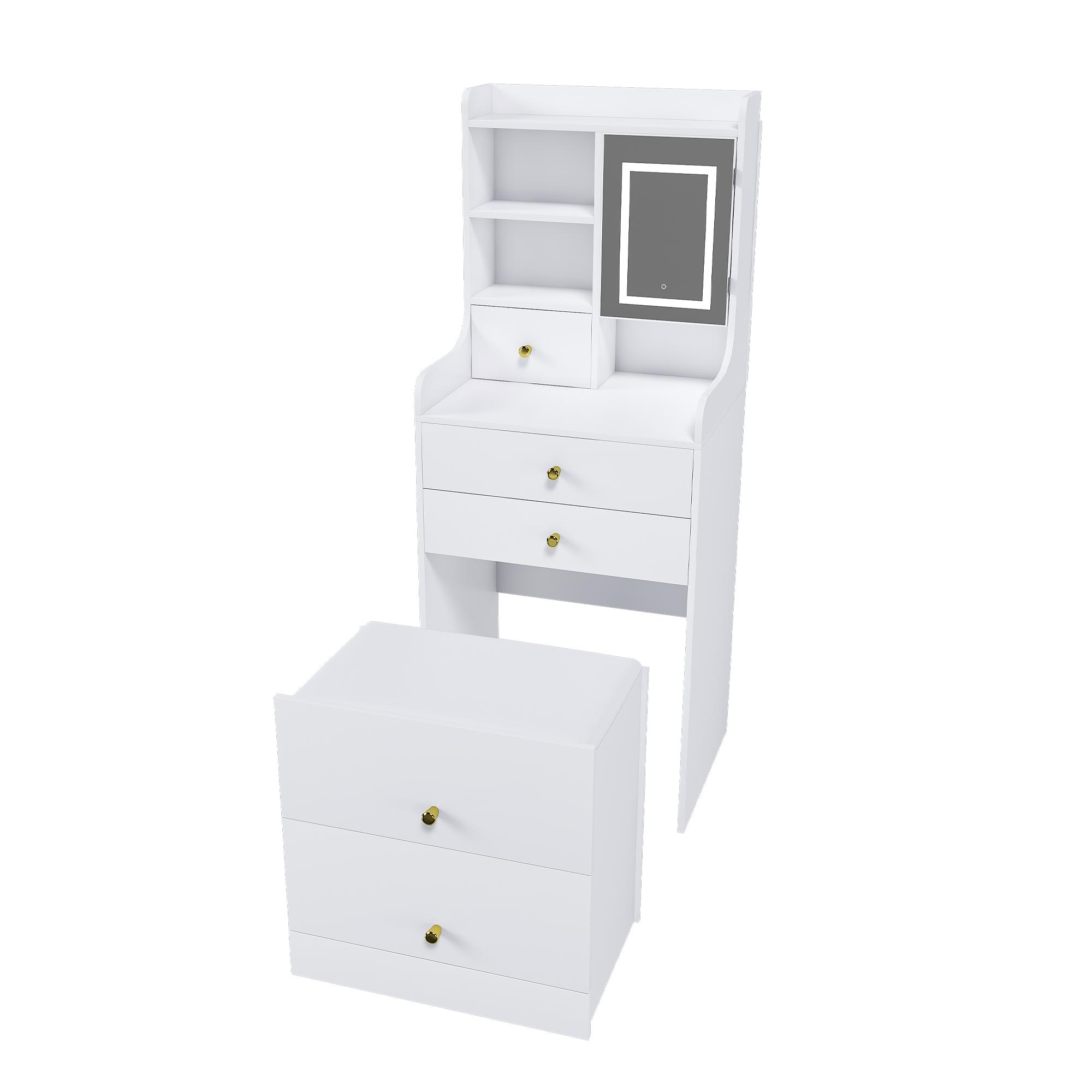 3-in-1 Vanity Desk with LED Mirror and Lights, Compact Makeup Vanity Table with 4 Drawers, Storage Cabinet, Hidden Stool & Shelves for Bedroom, Brightness Adjustable, White