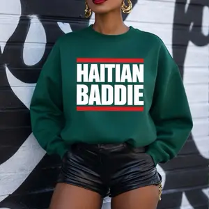 Haitian Baddie Crewneck Sweatshirt Bold Block Text Red Accent Classic Fit 50/50 Cotton-Poly Blend Tubular Knit OEKO-TEX Certified Dyes - Fabric