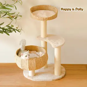 Rattan Rustic Modern Cat Tree- Multi-level Cat Tower with Sisal Rope for Scratching and Climbing- with Cat Bed for Sleeping